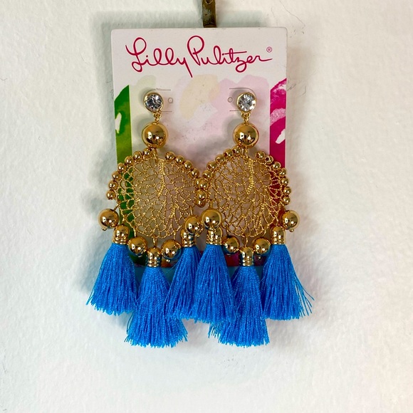NWT Lilly Pulitzer Sea Dreamer Gold and Cumulus Blue Tassel Earrings - Picture 3 of 5